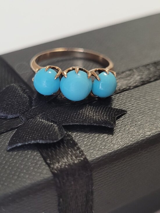Vintage Jewelry - Turquoise Antique Gold Ring Victorian 3 Blue Stones 10k December Birthstone